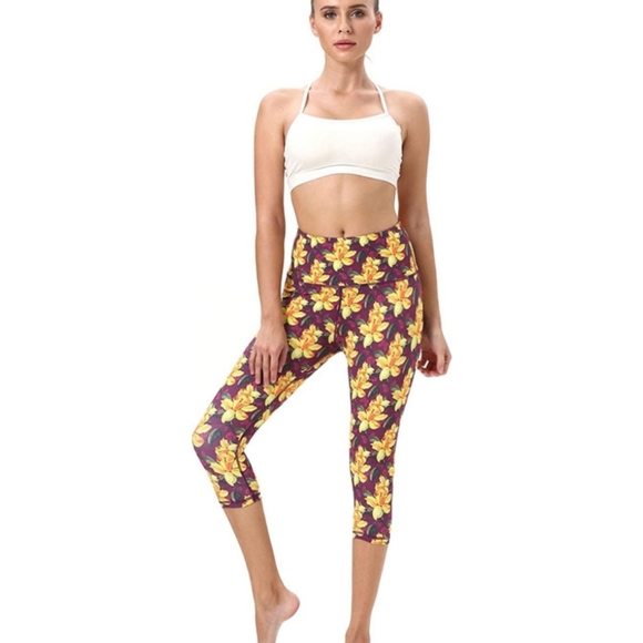 Mint Lilac High Waisted Purple And Yellow Floral Workout Yoga Leggings Size L - Picture 1 of 9